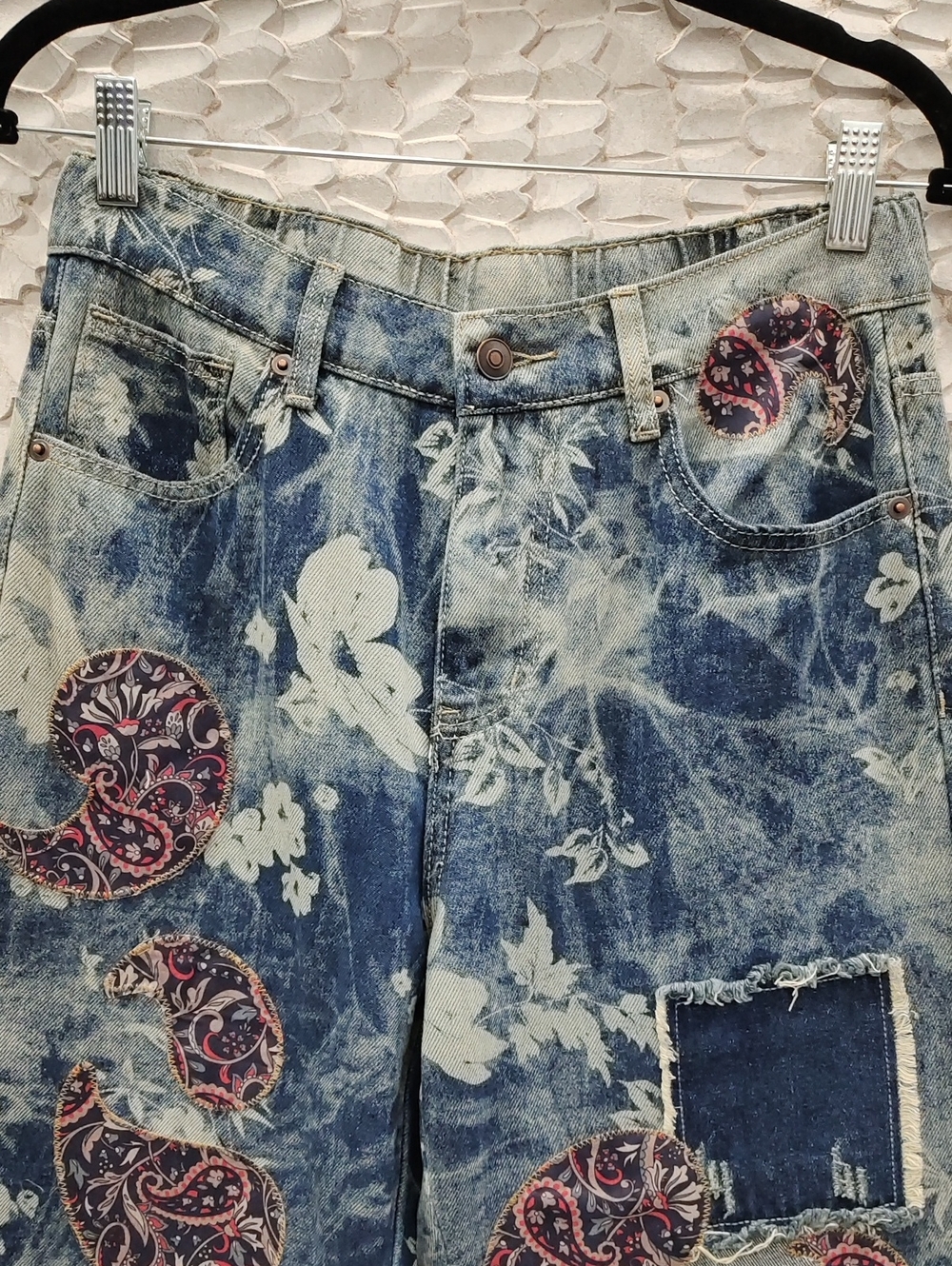 Oli & Hali Blue Floral Patchwork Paisley Vintage Wash Wide Leg Jeans - Picture 6 of 10
